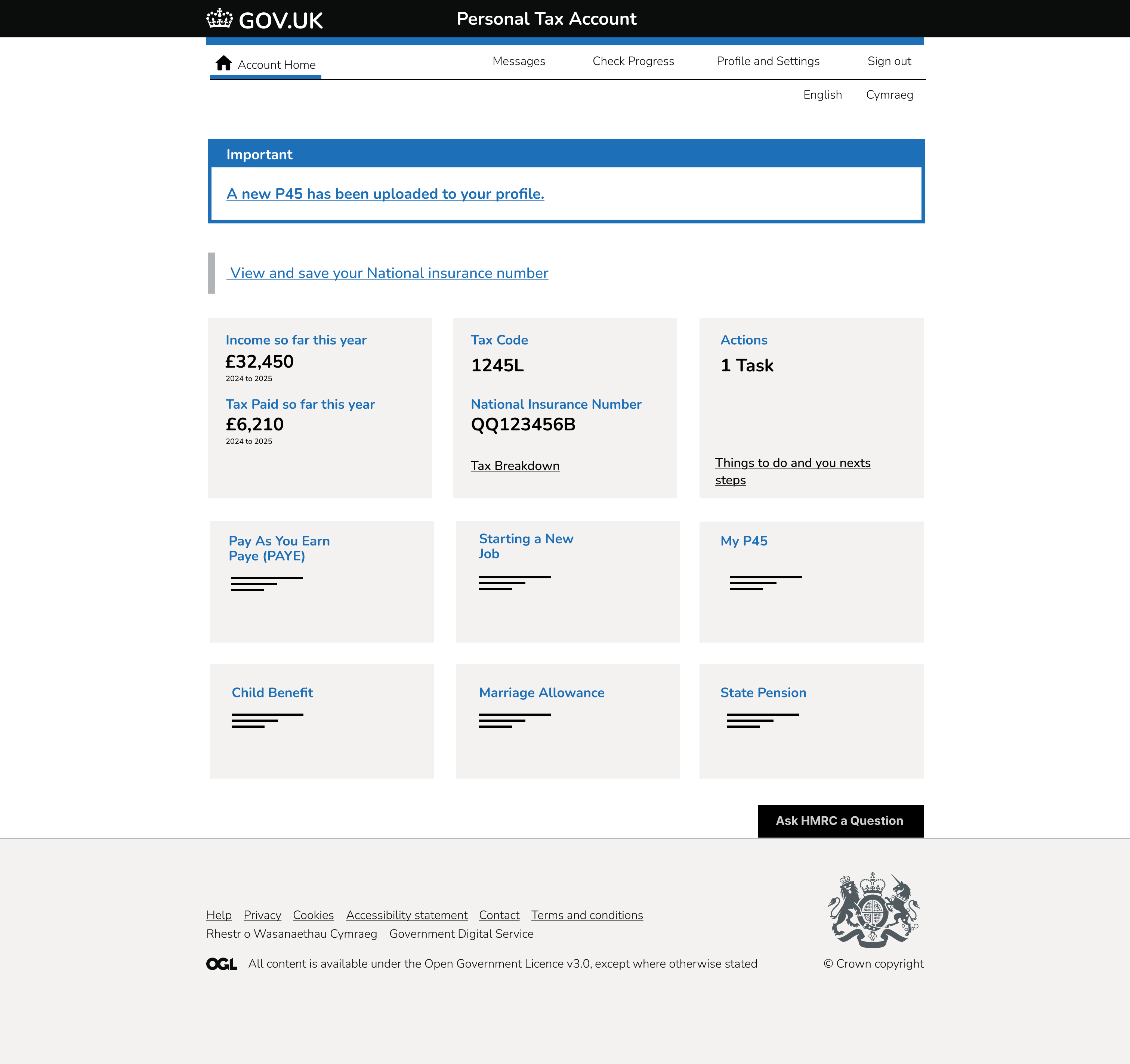 Personal tax account dashboard with income summary and task cards